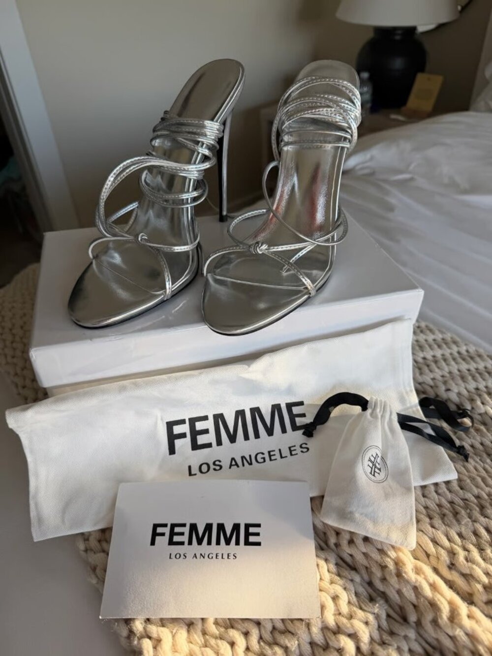 La Femme Athens Lace Up Silver Metallic Ankle-Tie Stiletto Sandals US 9 - Picture 4 of 6